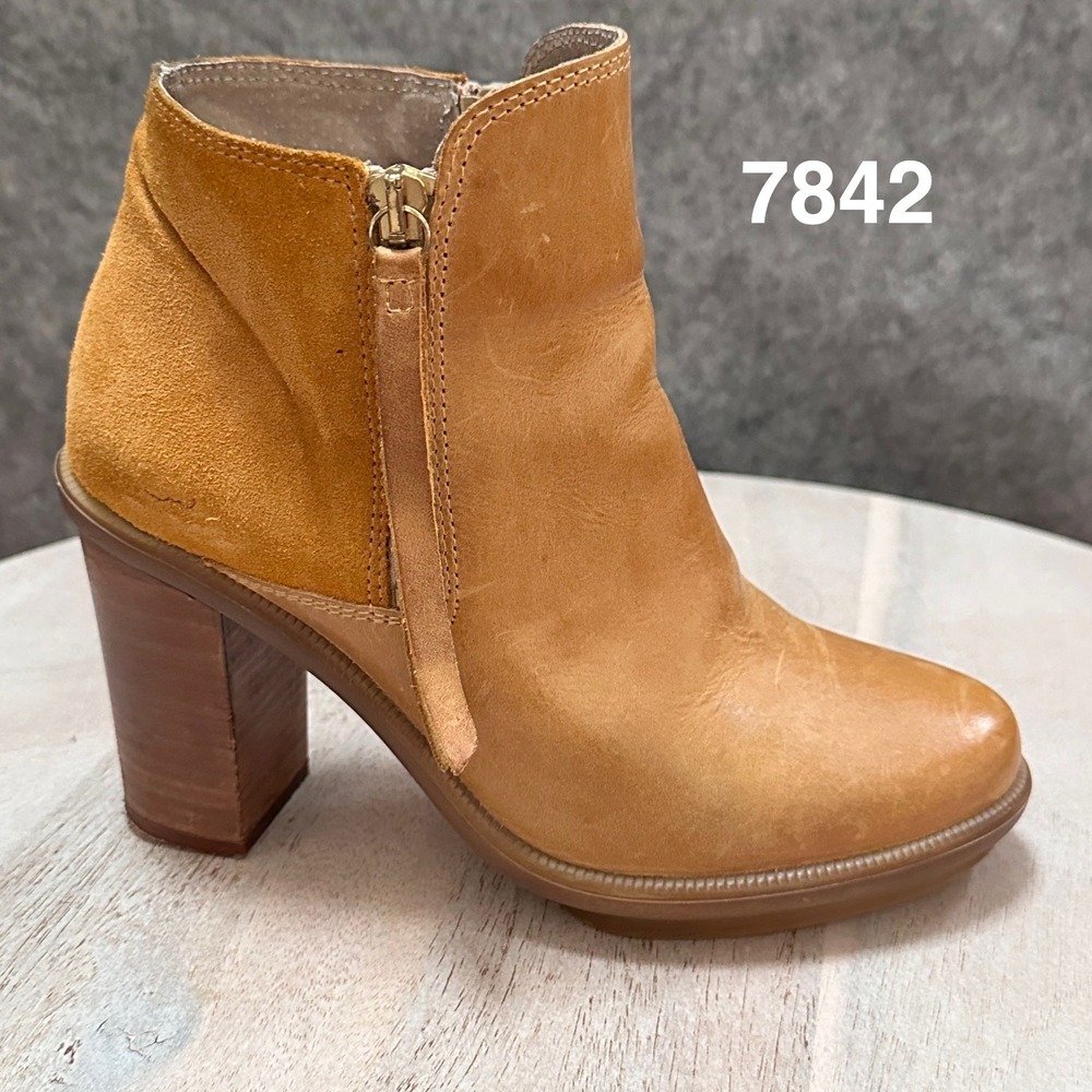 Aldo Tan Leather Suede Mixed Media Ankle Boots Stacked Block Heel Size 36